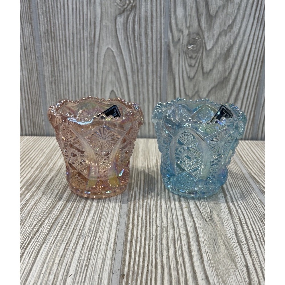Imperial Glass Lenox Carnival Glass Toothpick Holders Whirling Star Pink Blue